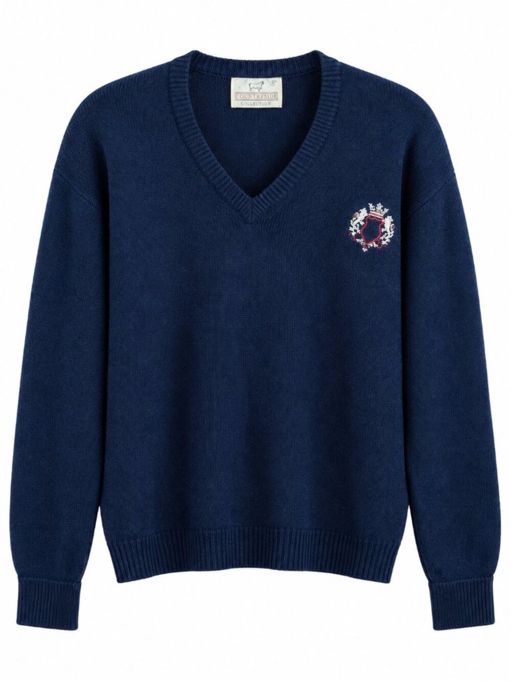 Lord Jeff V-Neck Crest Sweater Navy Wool Blend Made In USA M